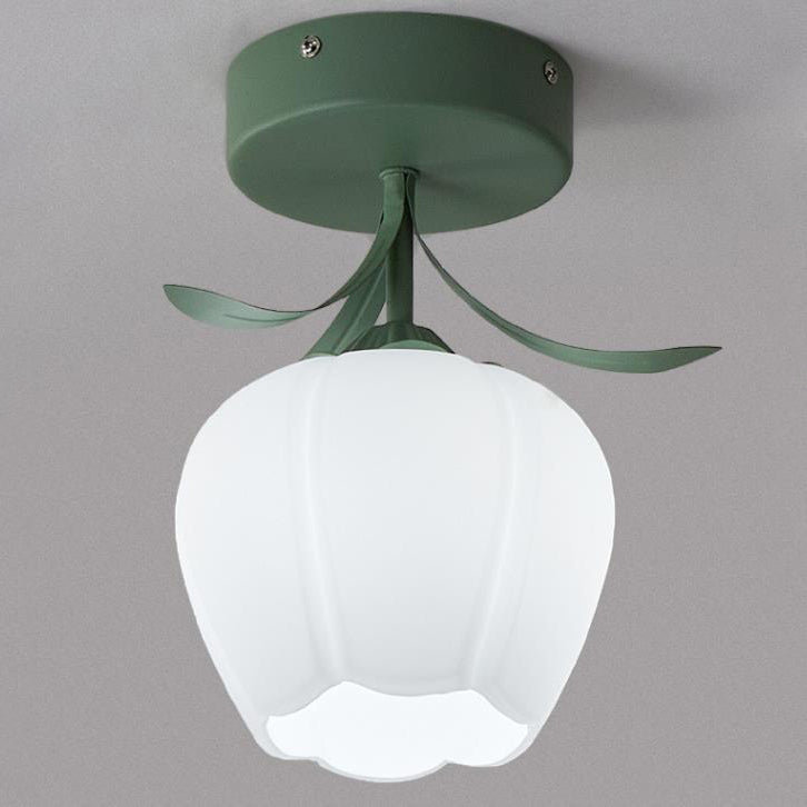 Contemporary Creative Cream Flower Pod Flower Globe Iron Glass 1-light Semi-flush Mount Ceiling Light for Hallway
