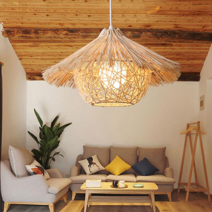 Traditional Rustic Rattan Weaving Straw Hat 1-light Pendant Light for Dining Room