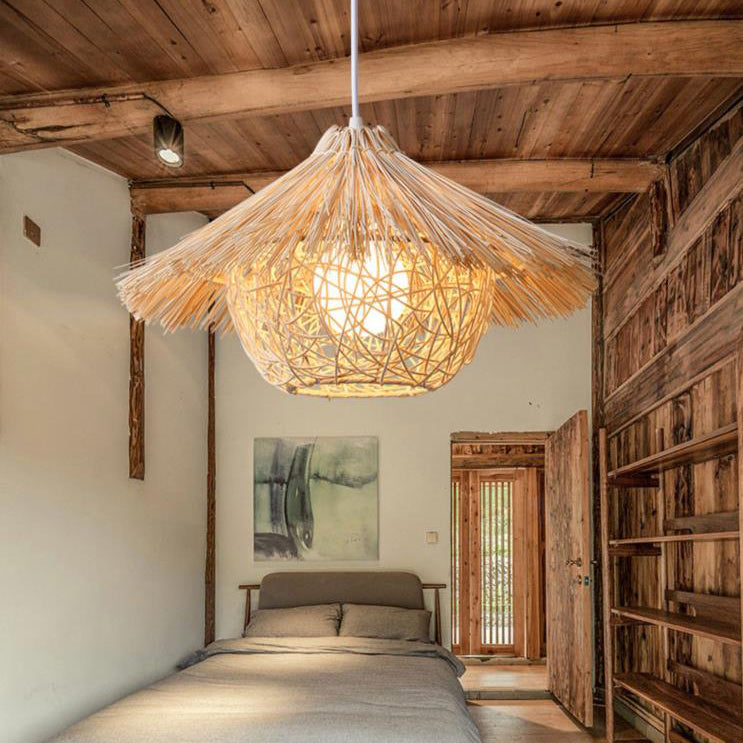 Traditional Rustic Rattan Weaving Straw Hat 1-light Pendant Light for Dining Room