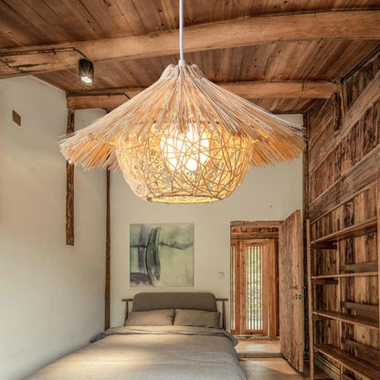 Traditional Rustic Rattan Weaving Straw Hat 1-light Pendant Light for Dining Room