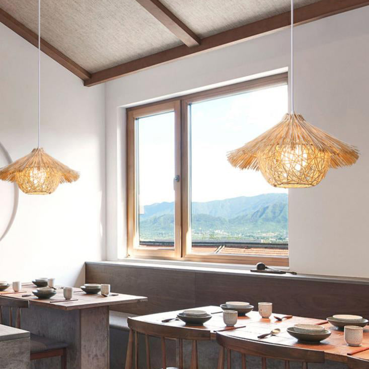 Traditional Rustic Rattan Weaving Straw Hat 1-light Pendant Light for Dining Room