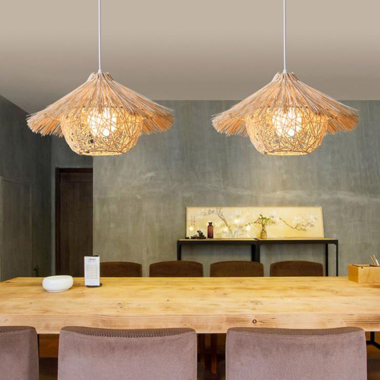 Traditional Rustic Rattan Weaving Straw Hat 1-light Pendant Light for Dining Room