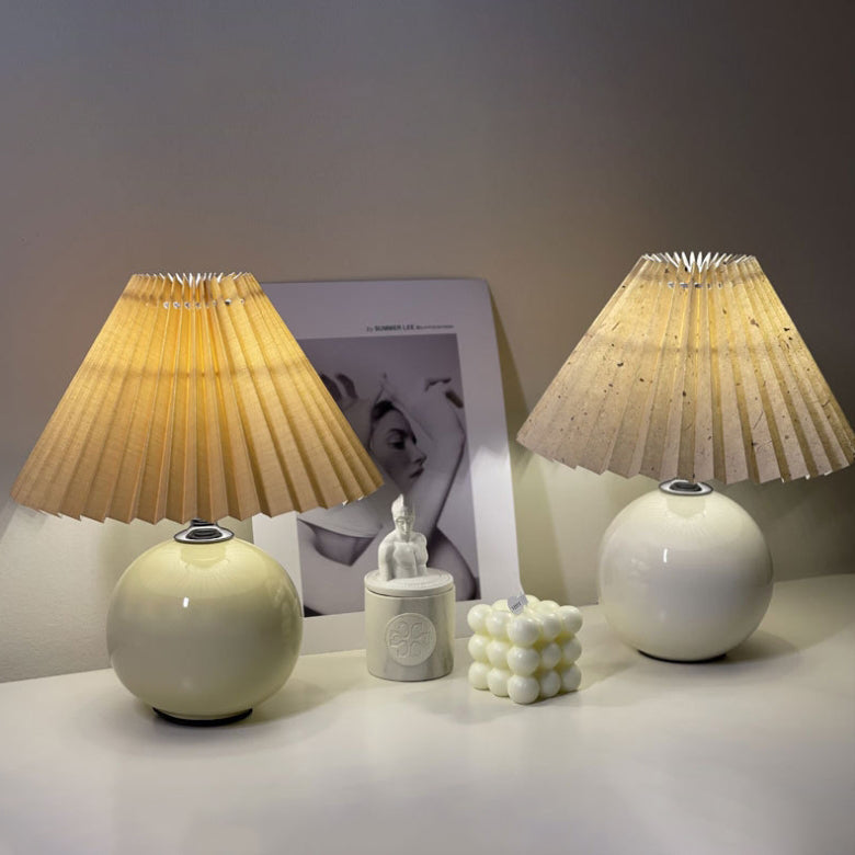 Modern Minimalist Round Fabric Pleated Ceramic 1-Light Table Lamp For Bedroom Lumendat