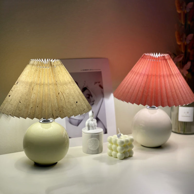 Modern Minimalist Round Fabric Pleated Ceramic 1-Light Table Lamp For Bedroom Lumendat