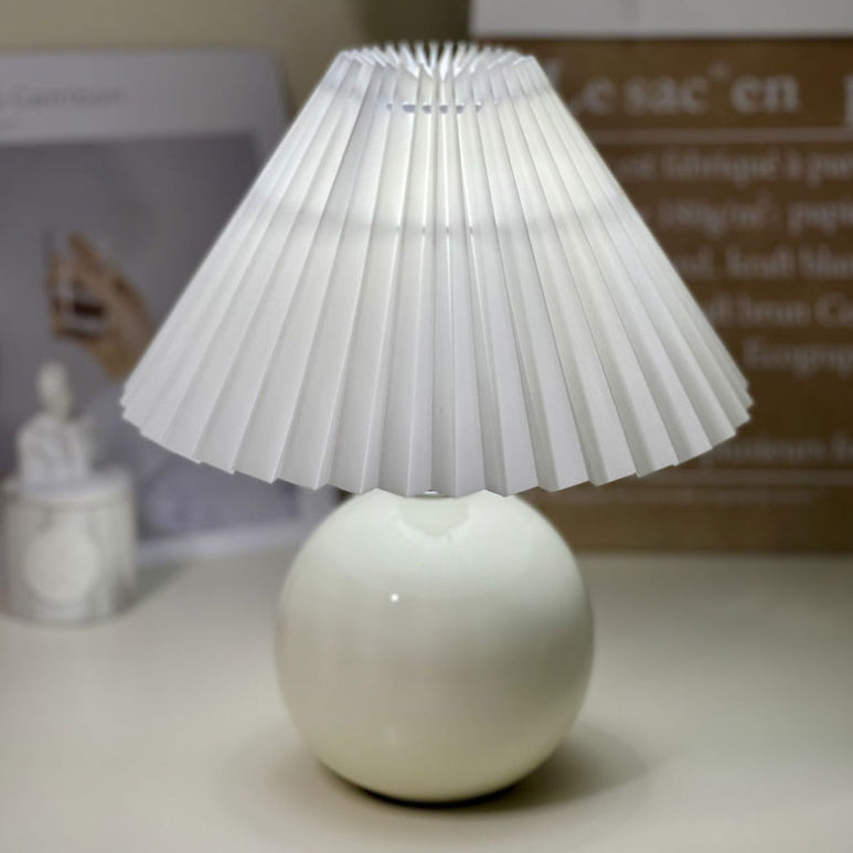 Modern Minimalist Round Fabric Pleated Ceramic 1-Light Table Lamp For Bedroom Lumendat