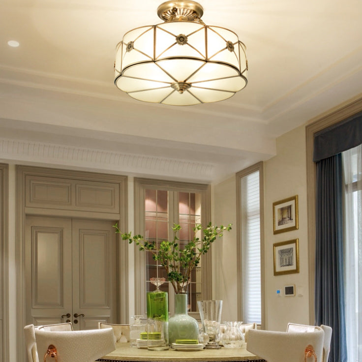 Traditional European Brass Glass Round Hand Carved 4/6 Light Semi-flush Mount Ceiling Light for Hallway