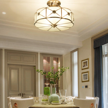 Traditional European Brass Glass Round Hand Carved 4/6 Light Semi-flush Mount Ceiling Light for Hallway