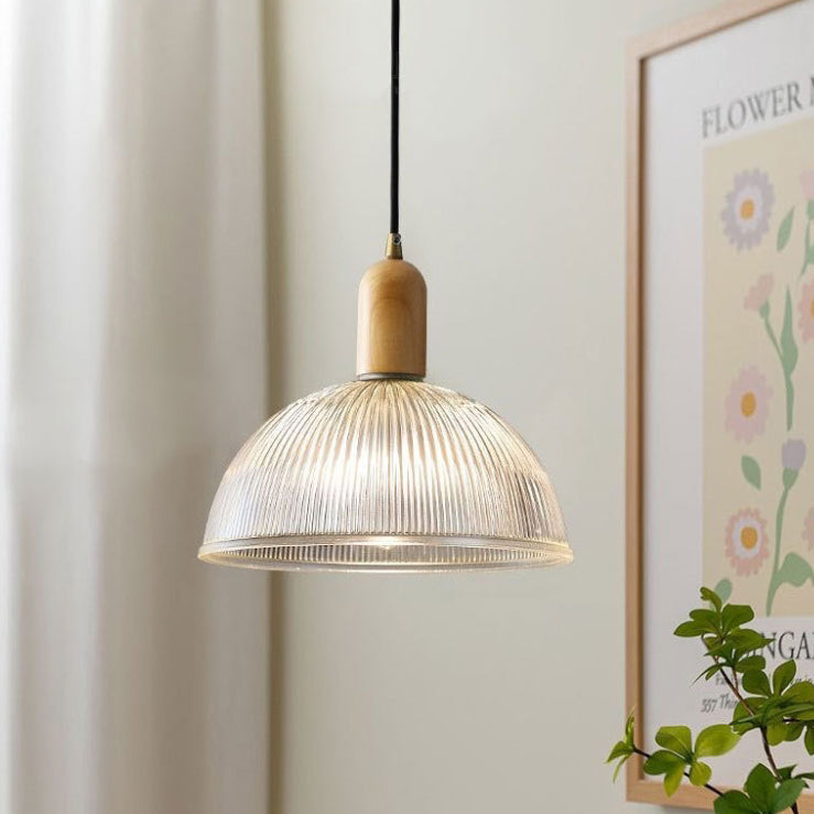 Traditional Vintage Round Bowl Solid Wood Dome Glass 1-light Pendant Light for Living Room