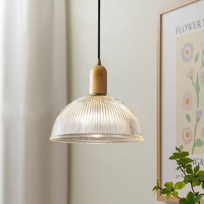 Traditional Vintage Round Bowl Solid Wood Dome Glass 1-light Pendant Light for Living Room