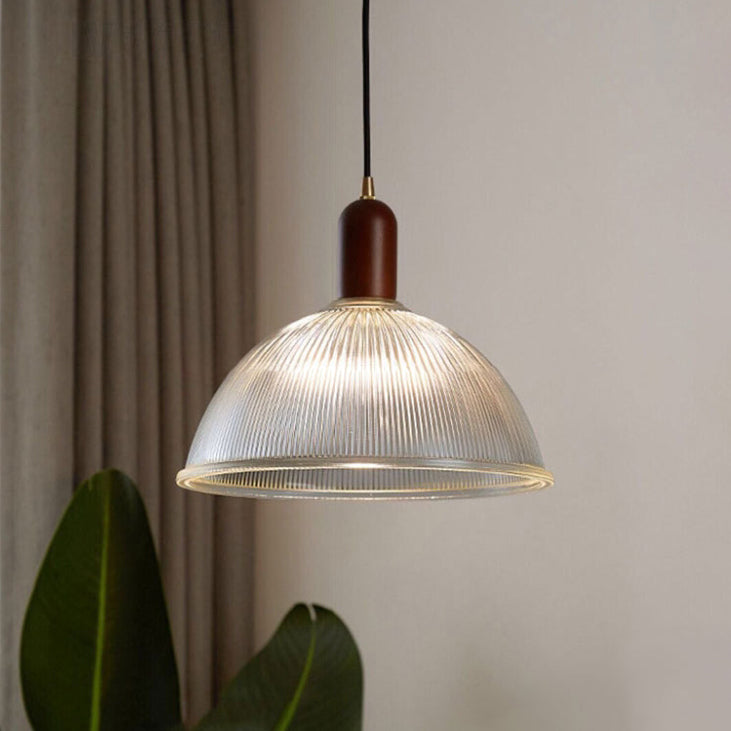 Traditional Vintage Round Bowl Solid Wood Dome Glass 1-light Pendant Light for Living Room