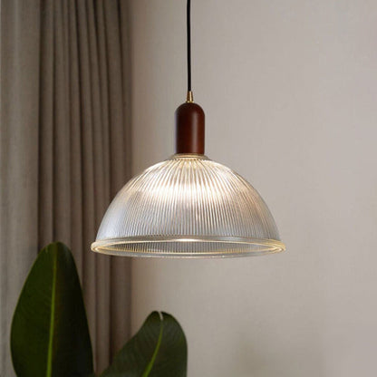 Traditional Vintage Round Bowl Solid Wood Dome Glass 1-light Pendant Light for Living Room