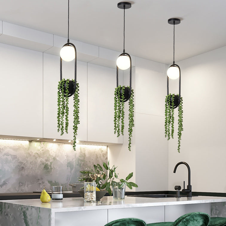 Modern Art Deco Iron Glass Elliptical Simulated Greenery 1-light Pendant Light for Dining Room