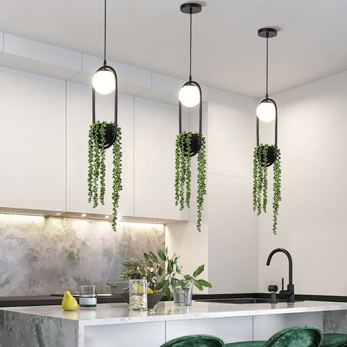 Modern Art Deco Iron Glass Elliptical Simulated Greenery 1-light Pendant Light for Dining Room