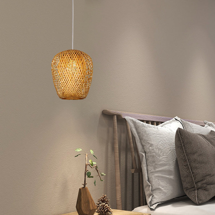 Traditional Vintage Bamboo Metal Weaving Round 1-Light Pendant Light for Living Room Lumendat