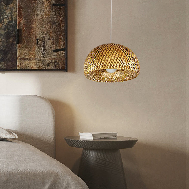 Traditional Vintage Bamboo Metal Weaving Round 1-Light Pendant Light for Living Room Lumendat