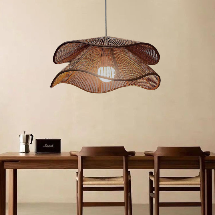 Traditional Vintage Corrugated Hemp Rope Double Layer 1-light Pendant Light for Dining Room BulbSquare