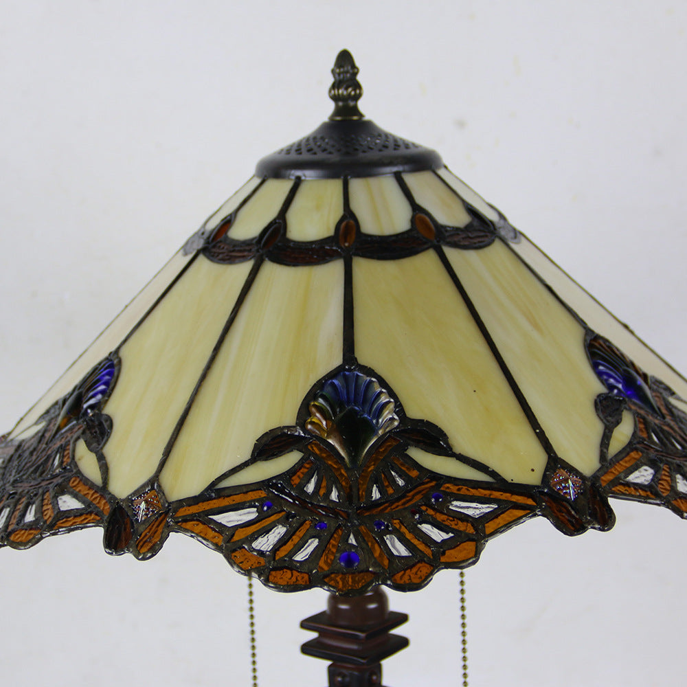 Tiffany Mediterranean Stained Glass Cone Pull Cord 2-Light Table Lamp Lumendat