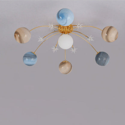 Contemporary Creative Starry Sky Moon Iron Glass 13-light Semi-flush Mount Ceiling Light for Bedroom