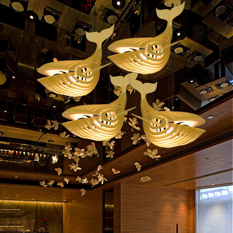 Traditional Chinese Whale Wood 1-light Pendant Light for Dining Room
