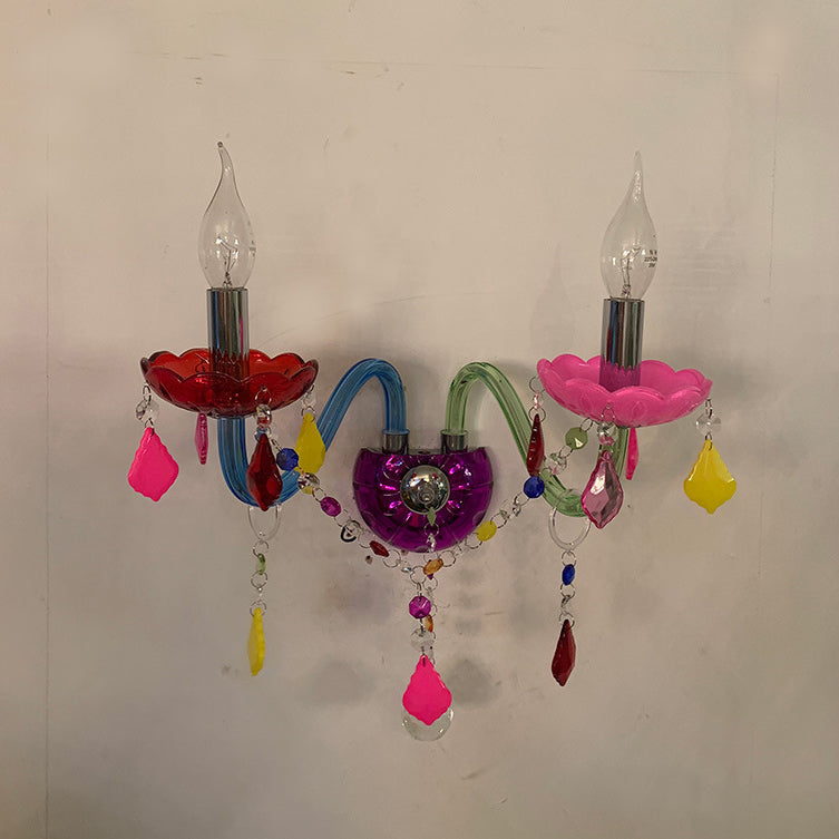 Traditional European Kids Glass Crystal Metal Fabric Candlestick Holder Flower 2-Light Wall Sconce Lamp For Bedside Lumendat