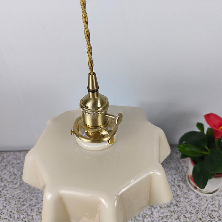 Traditional Japanese Cream Petal Glass Iron 1-Light Pendant Light For Dining Room