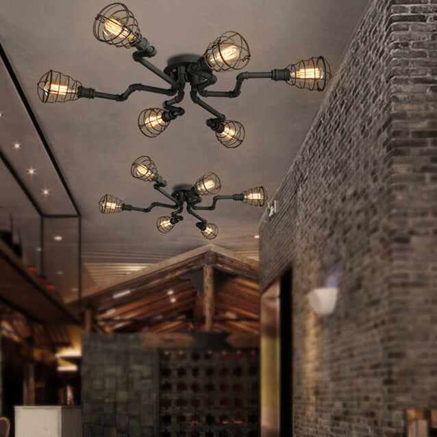 Industrial Vintage Water Pipe Round Iron 4/6/8 Light Flush Mount Ceiling Light BulbSquare