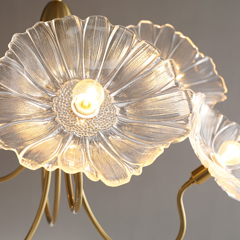 Traditional Vintage Gold Finish Frame Flower Glass Shade 6-light Semi-flush Mount Ceiling Light for Bedroom