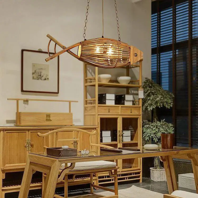 Vintage Bamboo Weaving Fish Shaped 1-light Pendant Light BulbSquare