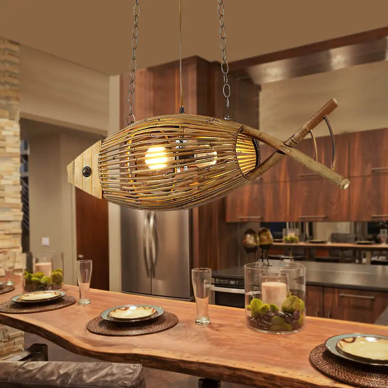 Vintage Bamboo Weaving Fish Shaped 1-light Pendant Light BulbSquare