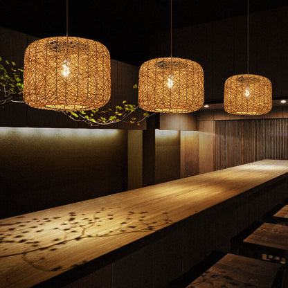 Modern Rattan Weaving 1-Light Cylinder Pendant Light