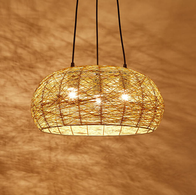 Modern Rattan Weaving 3-light Dome Pendant Light BulbSquare
