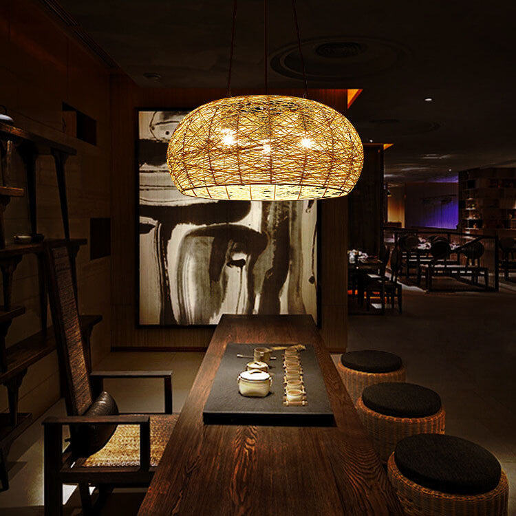 Modern Rattan Weaving 3-light Dome Pendant Light BulbSquare