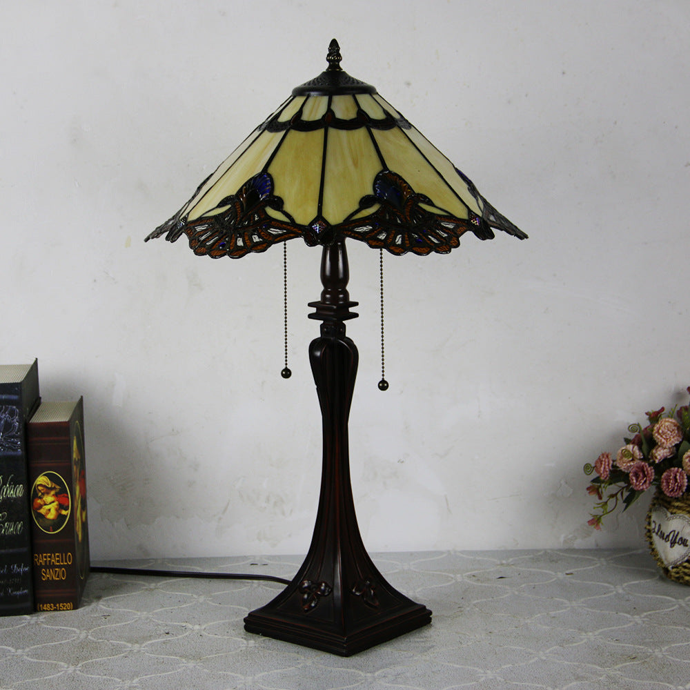 Tiffany Mediterranean Stained Glass Cone Pull Cord 2-Light Table Lamp Lumendat