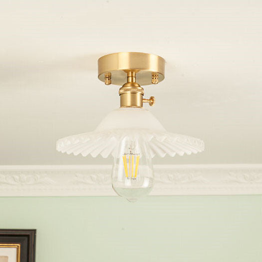 Traditional Vintage Round Ripple Brass Glass 1-light Semi-flush Mount Ceiling Light for Living Room