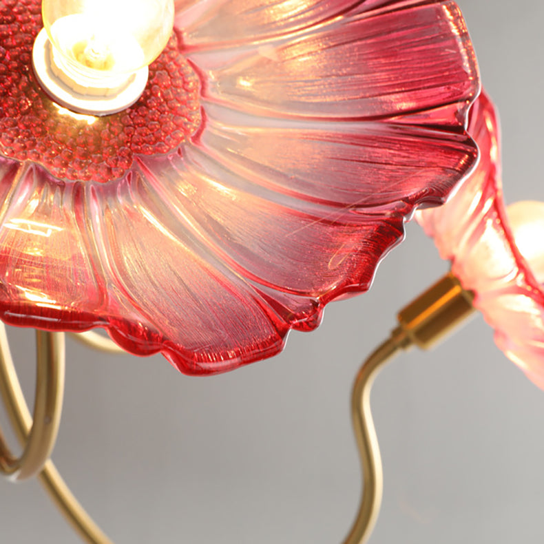 Traditional Vintage Gold Finish Frame Flower Glass Shade 6-light Semi-flush Mount Ceiling Light for Bedroom