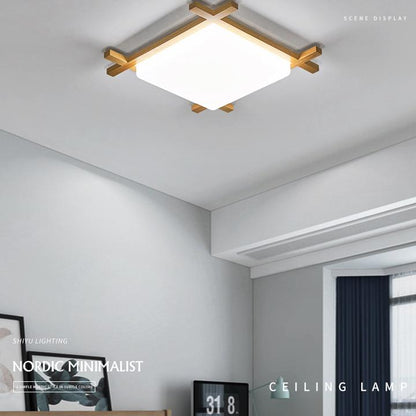 Traditional Japanese Wood Acrylic Square Tatami LED Flush Mount Ceiling Light for Bedroom