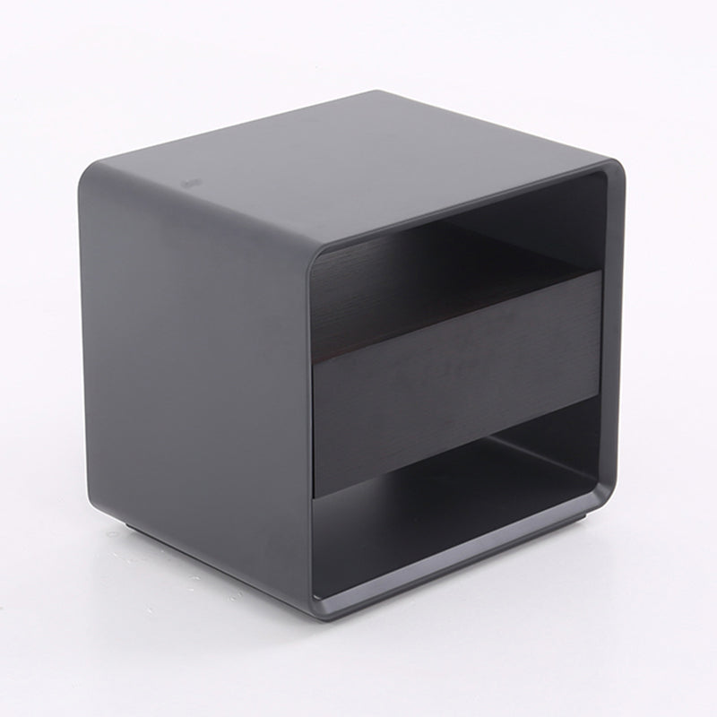 Modern Minimalist Black Lacquer Bedside Table: Wood Veneer Single Drawer - Elegant Open Cubby Storage Nightstand For Bedroom Lumendat