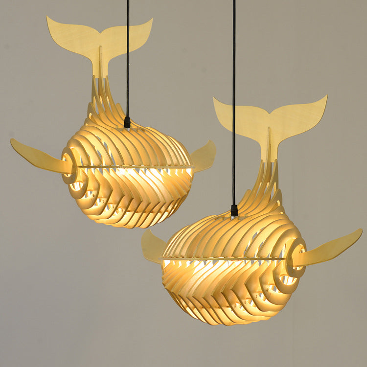 Traditional Chinese Whale Wood 1-light Pendant Light for Dining Room