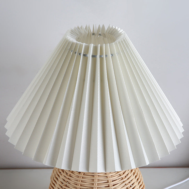Contemporary Nordic Rattan Fabric Pleated Conic Ball LED Table Lamp For Bedroom Lumendat
