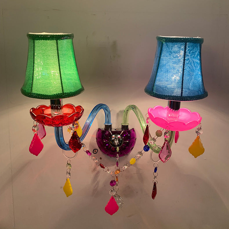 Traditional European Kids Glass Crystal Metal Fabric Candlestick Holder Flower 2-Light Wall Sconce Lamp For Bedside Lumendat
