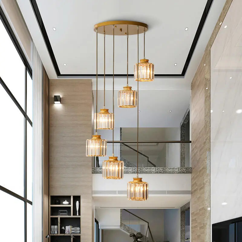 Modern Prismatic Crystal Cylinder Stairway Chandelier – 6 or 9 Lights modern luxury lighting fixture