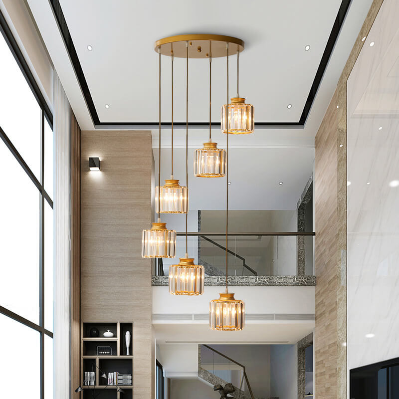 Modern Prismatic Crystal Cylinder Stairway Chandelier – 6 or 9 Lights