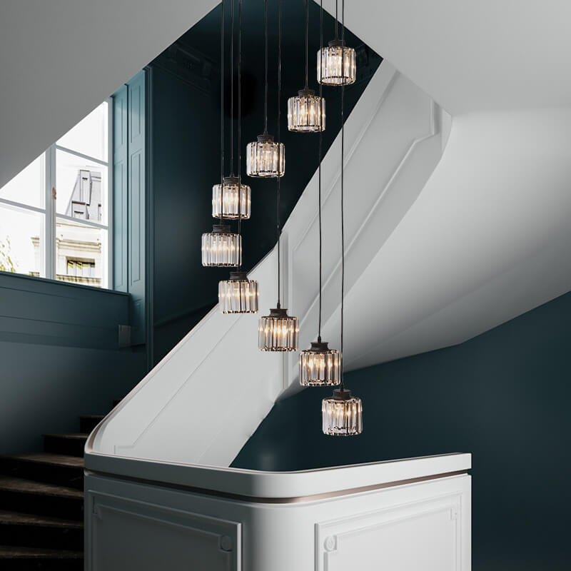 Modern Prismatic Crystal Cylinder Stairway Chandelier – 6 or 9 Lights