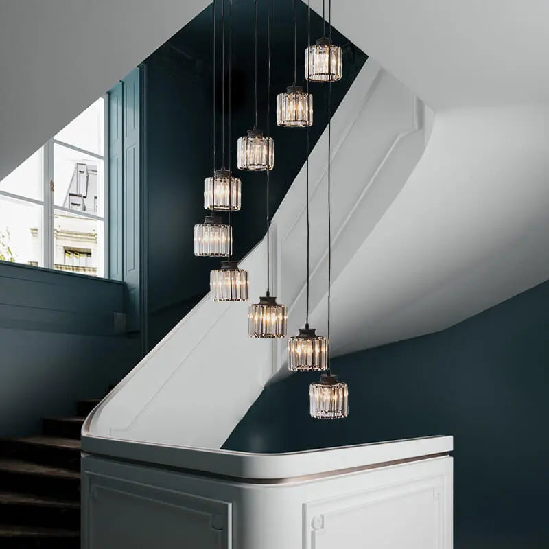 Modern Prismatic Crystal Cylinder Stairway Chandelier – 6 or 9 Lights Lumendat