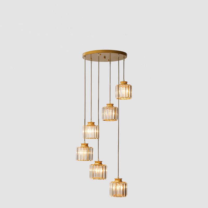 Modern Prismatic Crystal Cylinder Stairway Chandelier – 6 or 9 Lights