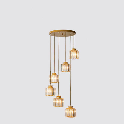 Modern Prismatic Crystal Cylinder Stairway Chandelier – 6 or 9 Lights