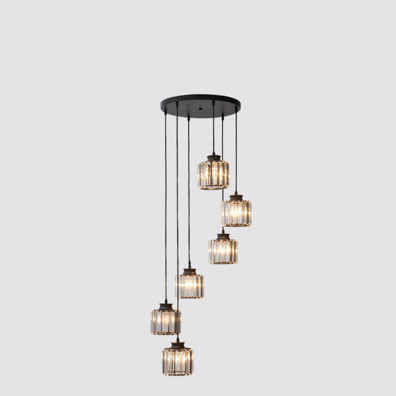 Modern Prismatic Crystal Cylinder Stairway Chandelier – 6 or 9 Lights