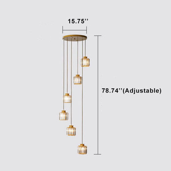 Modern Prismatic Crystal Cylinder Stairway Chandelier – 6 or 9 Lights