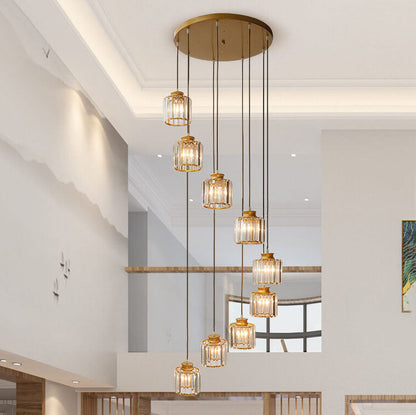 Modern Prismatic Crystal Cylinder Stairway Chandelier – 6 or 9 Lights