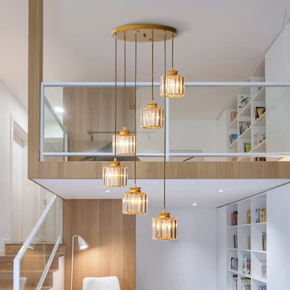 Modern Prismatic Crystal Cylinder Stairway Chandelier – 6 or 9 Lights